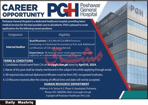 Peshawar General Hospital PGH Jobs 2024 For Internal Auditor 2025 Job