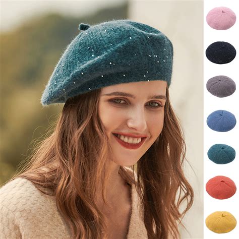 Rygai Women Beret Sequins Knitted Autumn Winter Brimless Shiny Hat For