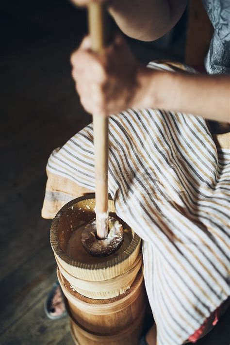 Woman Making Butter With Butter Churn Old Traditional Method Making Of