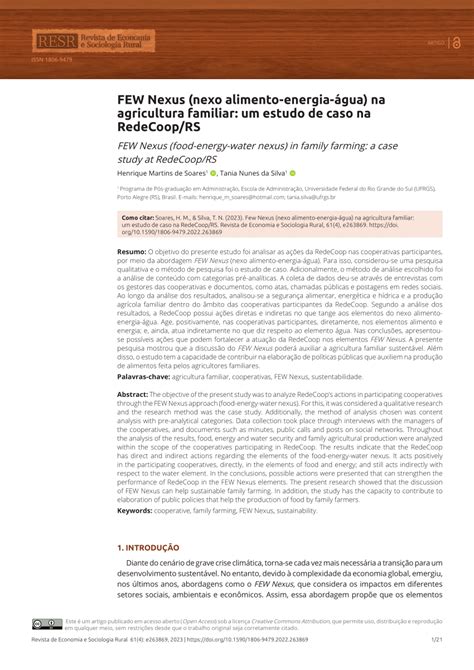 Pdf Few Nexus Nexo Alimento Energia Gua Na Agricultura Familiar