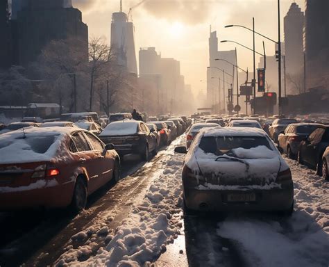 Premium AI Image | a city traffic jam in the snow Blizzard on the road Heavy snowfall paralyzed ...