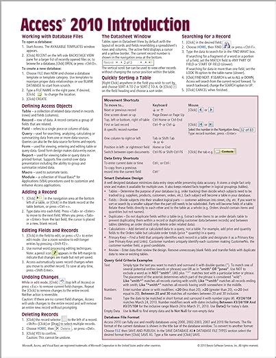 Microsoft Access 2010 Introduction Quick Reference Guide Cheat Sheet