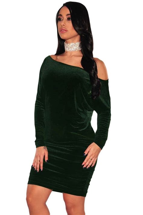 Green Off Ruched Shoulder Velvet Dress Green Velvet Dress Ruched