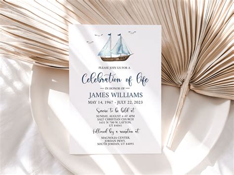 Celebration Of Life Watercolor Nautical Sailboat Funeral Invitation Te Peacefulmemorydesign