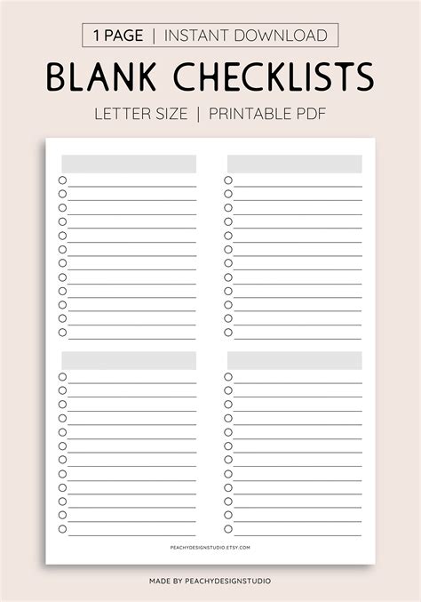 Blank Checklist Printable, INSTANT DOWNLOAD PDF, to Do Lists, Task ...