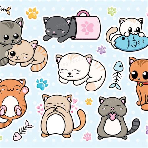 Cute Cat Clipart Kitten Sticker Pussycat Vector Kawaii Etsy