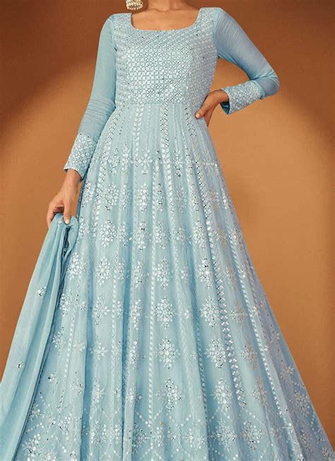 Shop Blue Faux Georgette Embroidered Dress Party Wear Online At Best