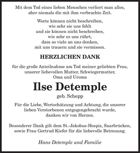 Traueranzeigen Von Ilse Detemple Saarbruecker Zeitung Trauer De