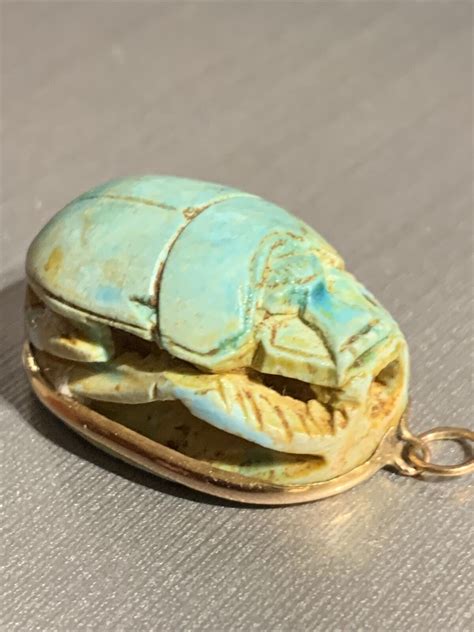 K Gold Antique Egyptian Faience Scarab Pendant Carv Gem