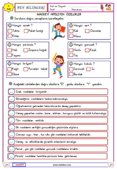 3 Sınıf Fen Bilimleri Maddeyi Niteleyen Özellikler Etkinliği 5 Meb Ders