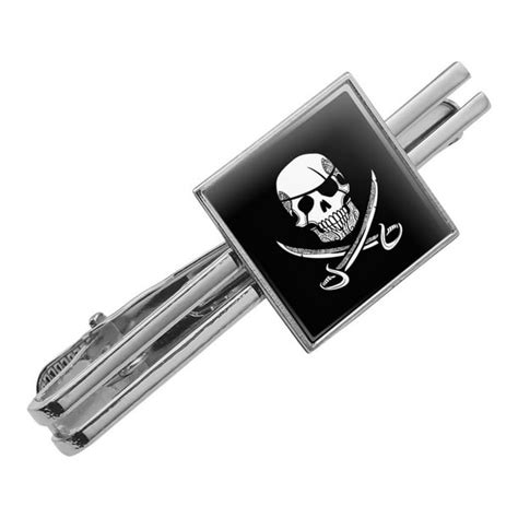 Pirate Skull Crossed Swords Tattoo Design Square Tie Bar Clip Clasp Tack Silver Or Gold