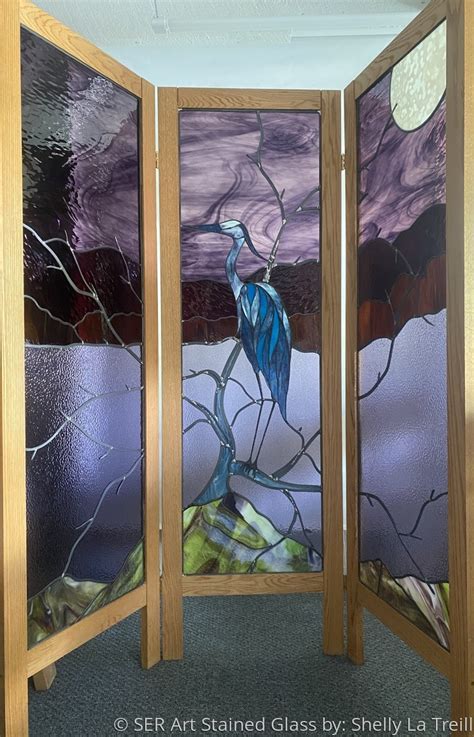 Great Blue Heron Tri Fold Screen Original Art By Ser Art Stained