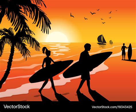 Surfers beach and sunset background Royalty Free Vector