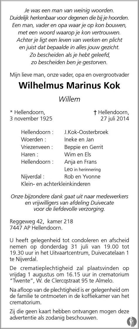 Wilhelmus Marinus Willem Kok 27 07 2014 Overlijdensbericht En