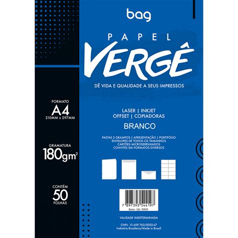 Papel Vergê Branco A4 180g 50 Folhas Bag BRASIL SHOPPING