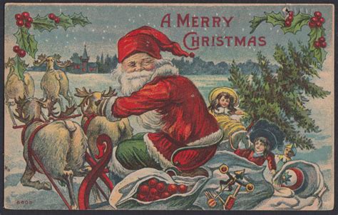 Santa Claus Christmas Postcard 1910 Checks Sleigh Sacks 4 Reindeer Team