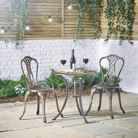 Vonhaus 3 Piece Cast Aluminium Bistro Set Brushed Bronze Finish Table