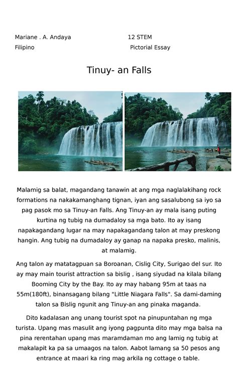 Mariane Pictorial Essay Mariane A Andaya 12 Stem Filipino Pictorial Essay Tinuy An Falls