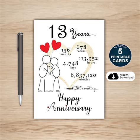 13th Anniversary Card Printable 13th Anniversary Card 13 Year