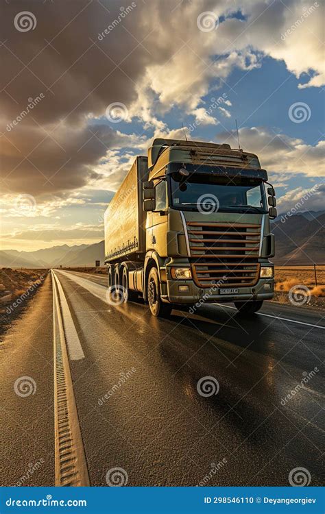 A Large Semi Truck Driving Down A Desert Road At Sunset European Truck