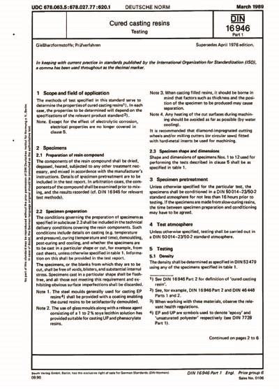 DIN 16946-1:1989 - Cured casting resins; testing