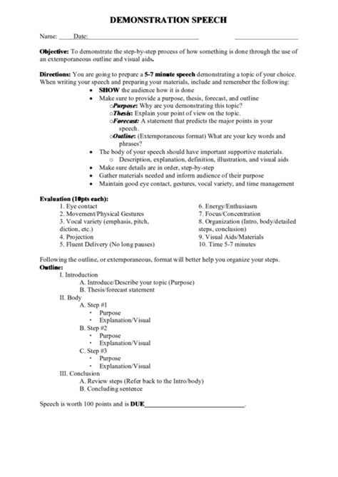 Demonstration Speech Outline Template Printable Pdf Download