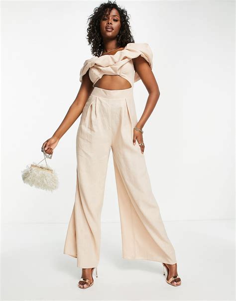 Asos Linen Off Shoulder Cutout Wide Leg Jumpsuit In White Natural