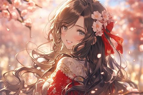 Premium Photo | Anime girl with long hair and red dress in a cherry blossom field generative ai