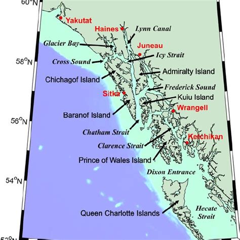 Map of Southeast Alaska showing major channels (italicized), land ...