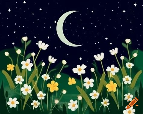 Delicate Meadow Flowers And Ethereal Moon Against A Starry Sky On Craiyon