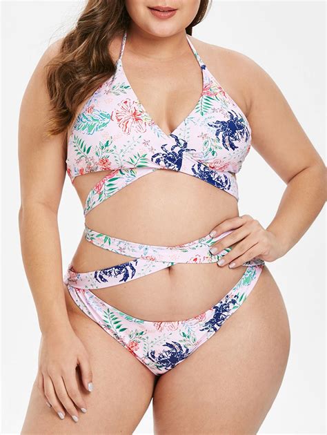 Off Floral Print Plus Size Criss Cross Bikini Set In Light