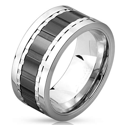 Bague Anneau Homme Acier Inoxydable Bicolore Bande Noire Rotative Mm