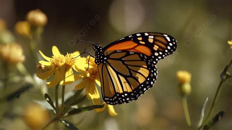 Monarch Butterfly Sitting On Some Yellow Flowers Background Monarch