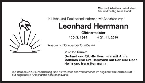 Traueranzeigen Von Leonhard Herrmann Trauer Flz De