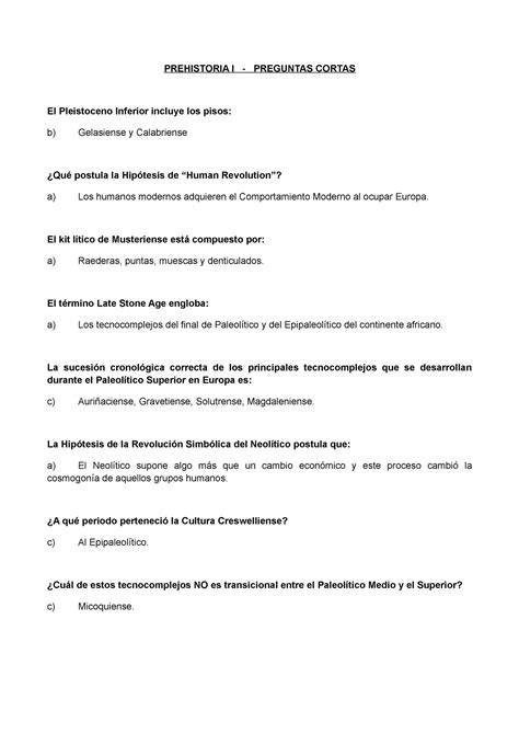 Preguntas y respuestas de exámenes PREHISTORIA I PREGUNTAS CORTAS