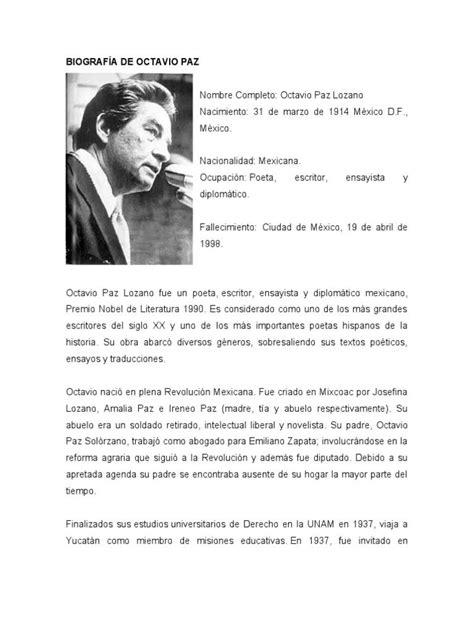 Biografía De Octavio Paz Poeta Y Ensayista Mexicano En Pocas Palabras