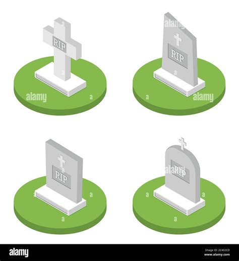 Vector Illustration Grey Gravestone With Cross On Green Grass Flat Isometric Tombstone Icon Set