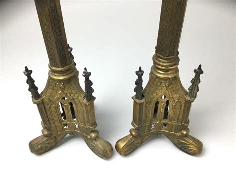 Antique Pair Of Brass Gothic Church Altar Candlesticks For Sale At