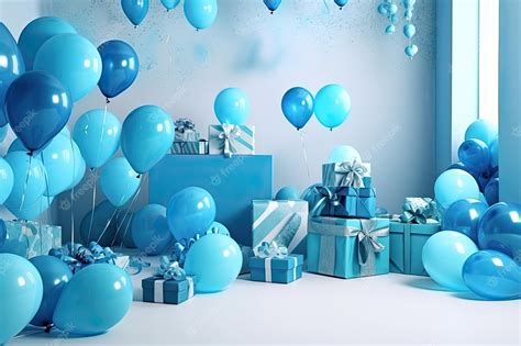 Premium Photo | Blue birthday decor with balloons blue gift boxes in ...