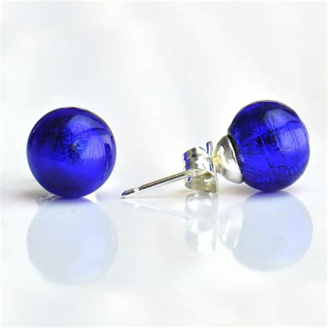 Boucles D Oreilles Clou Bleu Cobalt En Veritable Verre De Murano De Venise