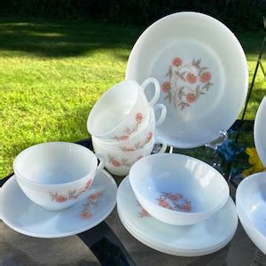 24 Piece Fire King Fleurette Milk Glass Dining Dinnerware Set Vintage