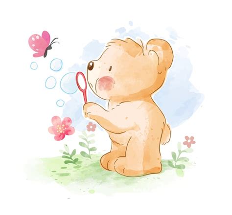 Petit Ours Soufflant Une Bulle Avec Une Petite Illustration De Papillon