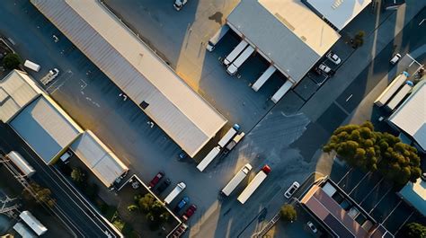 premium photo aerial view  organized truck storage yard layout