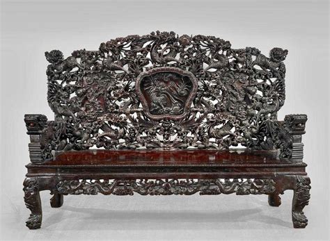 Large Japanese Carved Wood Bench