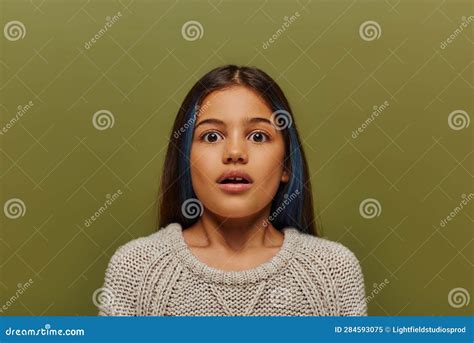 Portrait Of Scared And Stylish Preteen Stock Image Image Of Outfit