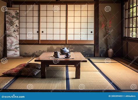 A Traditional Japanese Tatami Mat And Low Table Set Up Stock Image