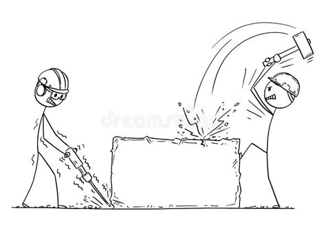 Cartoon of Two Workmen or Labourers Working with Hammer and Drill on ...