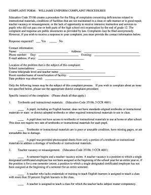 Fillable Online Southbayschool Complaint Form Williams Uniform