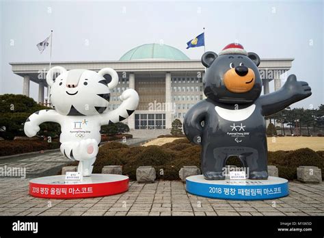 South Korea: The mascots of the PyeongChang 2018 Olympic (Soohorang, left) and Paralympic Winter ...