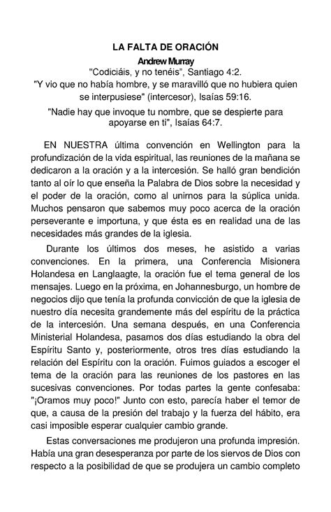 Andrew Murray, La Falta De Oración - LA FALTA DE ORACIÓN Andrew Murray